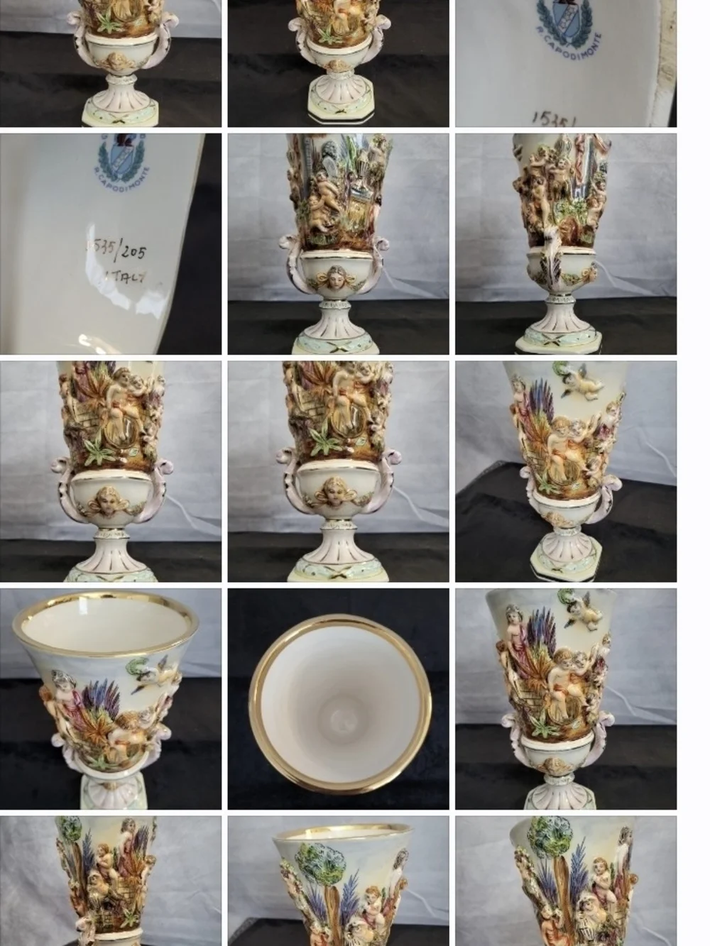 Numbered Ornate White and Gold Porcelain Urn Vase with Multicolor Relief